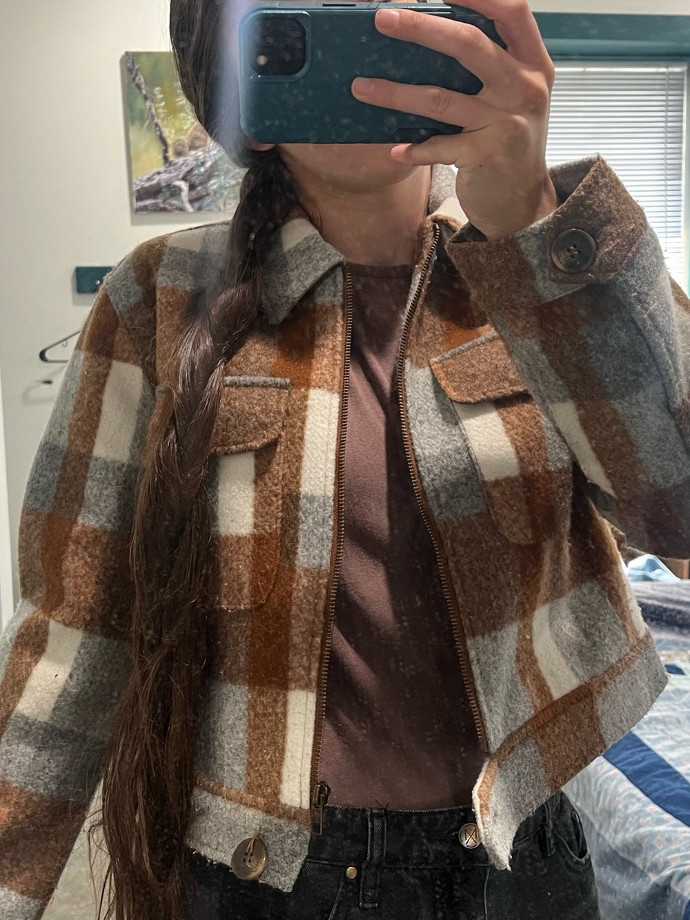 Forever 21 Cropped Plaid Teddy Jacket in Brown and Gray